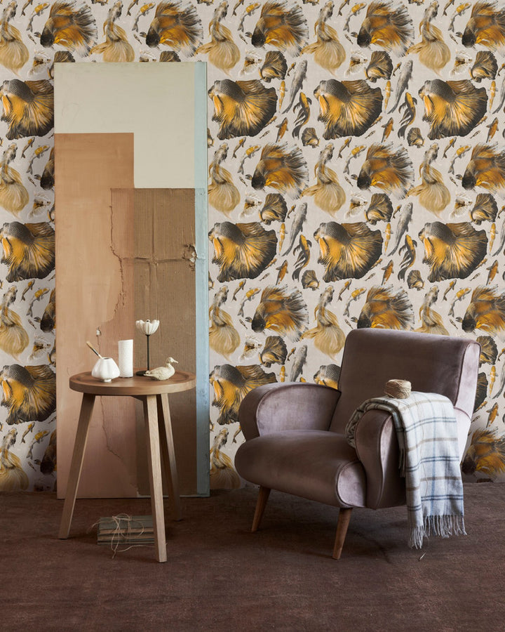 GOLDFISH Ivory Wallpaper (WP20302) by Mind The Gap | WP20302 | THE WALLPAPER COLLECTABLES | 3 rolls x 20.5 x 118.1 in | 0.52m / 20.5in | 3m / 118in | 4.65mp | 70cm / 27.6in | Brown, Grey, Ochre | Textured Matte | Paste the wall | 3-rolls in a box | Fabric Carolina | https://www.fabriccarolina.com/