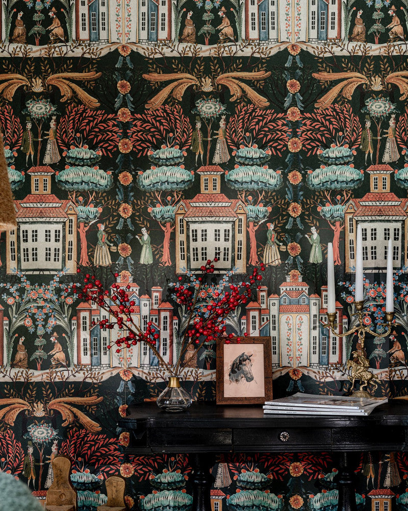 Tales Of Tyrol Peat Black Wallpaper by Mind the Gap Designer Wallpaper TYROL APRES-SKI HOME COLLECTION Textured Matte Made in Europe Paste the wall 3 rolls x 20.5 x 3.25 yards - Swanky Fabrics -
