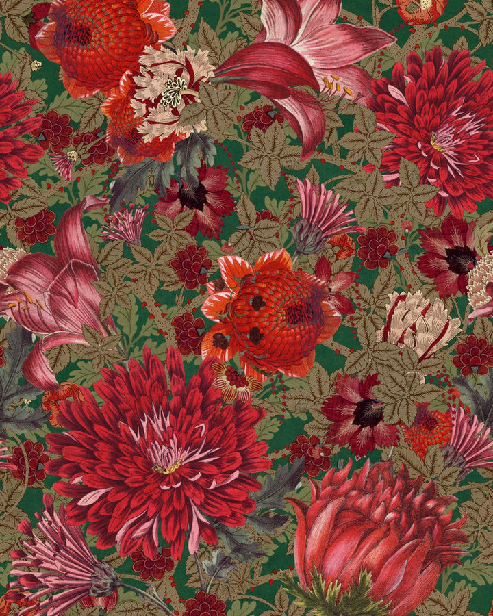 The Flowering Green Wallpaper by Mind the Gap Designer Wallpaper TRANSYLVANIAN ROOTS Textured Matte Made in Europe Paste the wall 3 rolls x 20.5 x 3.25 yards - Swanky Fabrics -