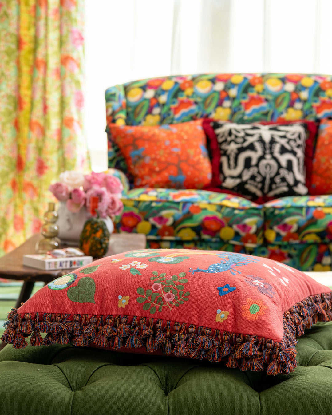 THE GARDEN BETWEEN US embroidered cushion (LC40269) by Mind The Gap | LC40269 | TRANSYLVANIAN RHAPSODY | 50 x 50 cm / 20 x 20 in | Blue, Green, Orange, Red | Fringes all around | Duck feather | 20% PA, 80% LI | Fabric Carolina | https://www.fabriccarolina.com/
