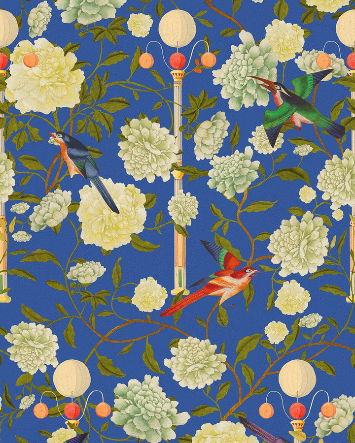THE GARDEN OF IMMORTALITY Lapis Blue Wallpaper (WP20589) by Mind The Gap | WP20589 | THE WALLPAPER COMPENDIUM 2 | 3 rolls x 20.5 x 118.1 in | 0.52m / 20.5in | 3m / 118in | 4.65mp | 100cm / 39.3in | Blue, Green, Red, White | Satin Matte | Paste the wall | 3-rolls in a box | Fabric Carolina | https://www.fabriccarolina.com/
