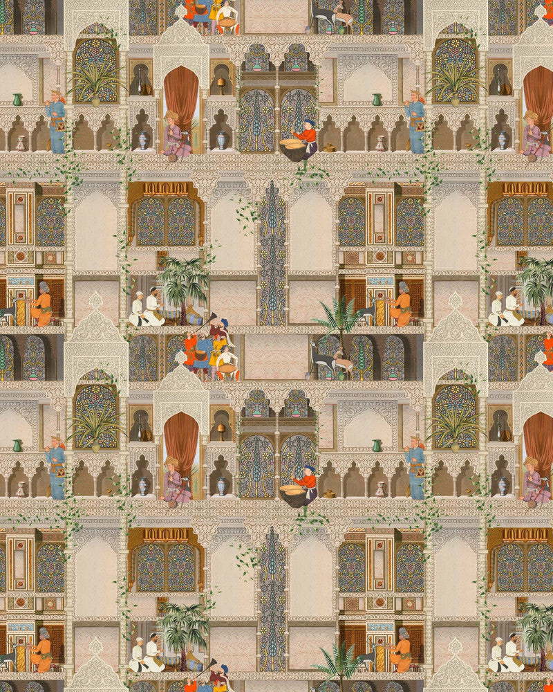 THE KASBAH Wallpaper (WP20755) by Mind The Gap | WP20755 | TALES OF MAGHREB | 3 rolls x 20.5 x 118.1 in | 0.52m / 20.5in | 3m / 118in | 4.68mp | 150cm / 59in | Blue, Green, Red, Taupe | Textured Matte | Paste the wall | 3-rolls in a box | Fabric Carolina | https://www.fabriccarolina.com/