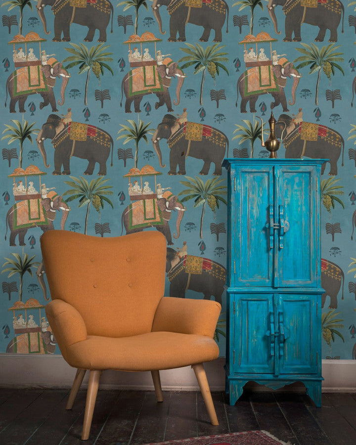The Procession Blue Wallpaper by Mind the Gap Designer Wallpaper PREMIUM DESIGNER WALLPAPER COLLECTION Non-woven Made in Europe Paste the wall 3 rolls x 20.5 x 3.25 yards - Swanky Fabrics -