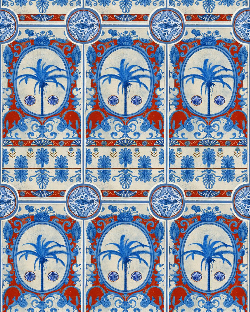 THE VILLA Mural Red Wallpaper (WP20576) by Mind The Gap | WP20576 | SUNDANCE VILLA | 3 rolls x 20.5 x 118.1 in | 0.52m / 20.5in | 3m / 118in | 4.65mp | 110cm / 43.3in | Blue, Red, Taupe | Textured Matte | Paste the wall | 3-rolls in a box | Fabric Carolina | https://www.fabriccarolina.com/
