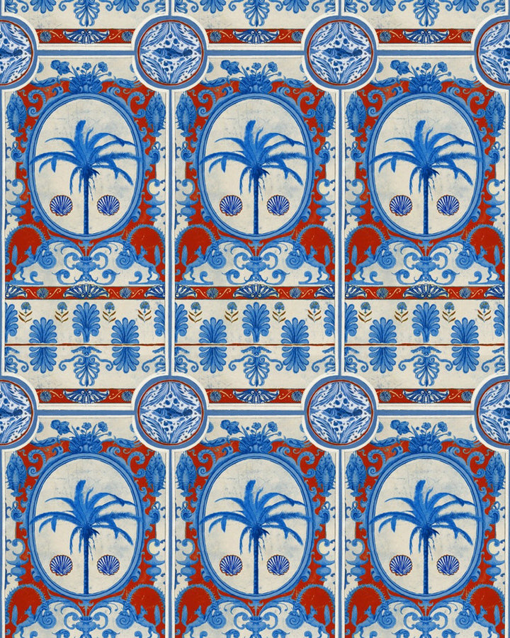 THE VILLA Mural Red Wallpaper (WP20576) by Mind The Gap | WP20576 | SUNDANCE VILLA | 3 rolls x 20.5 x 118.1 in | 0.52m / 20.5in | 3m / 118in | 4.65mp | 110cm / 43.3in | Blue, Red, Taupe | Textured Matte | Paste the wall | 3-rolls in a box | Fabric Carolina | https://www.fabriccarolina.com/