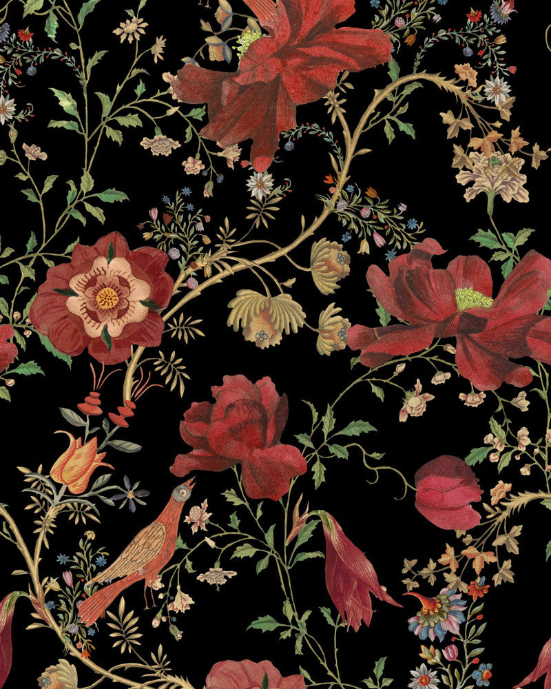 TRANSSILVANIAE FLORILEGIUM Dark Wallpaper (WP20557) by Mind The Gap | WP20557 | TRANSYLVANIAN ROOTS | 3 rolls x 20.5 x 118.1 in | 0.52m / 20.5in | 3m / 118in | 4.65mp | 150cm / 59in | Black, Green, Red | Textured Matte | Paste the wall | 3-rolls in a box | Fabric Carolina | https://www.fabriccarolina.com/