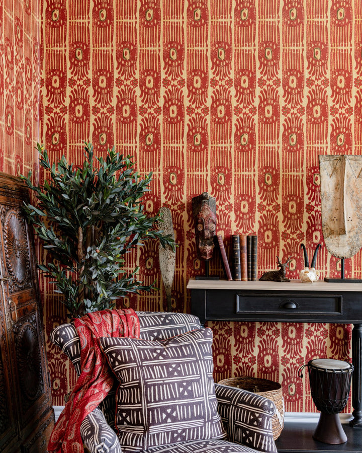 TRIBAL IKAT Lava Red Wallpaper (WP30114) by Mind The Gap | WP30114 | THE WALLPAPER COMPENDIUM 2 | 1 roll x 20.5 x 393.7 in | 0.52m / 20.5in | 10m / 393.7in | 5.20mp | 70cm / 27.6in | Green, Red, Taupe | Satin Matte | Paste the wall | 1-roll in a box | Fabric Carolina | https://www.fabriccarolina.com/