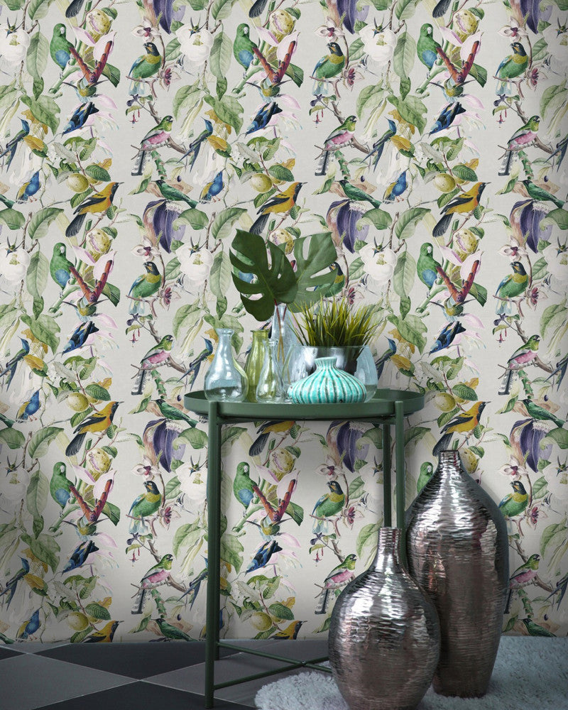 TROPICAL BIRDS Wallpaper (WP20172) by Mind The Gap | WP20172 | PREMIUM DESIGNER WALLPAPER COLLECTION | 3 rolls x 20.5 x 118.1 in | 0.52m / 20.5in | 3m / 118in | 4.65mp | 62cm / 24.4in | Blue, Green, Taupe, White | Non-woven | Paste the wall | 3-rolls in a box | Fabric Carolina | https://www.fabriccarolina.com/