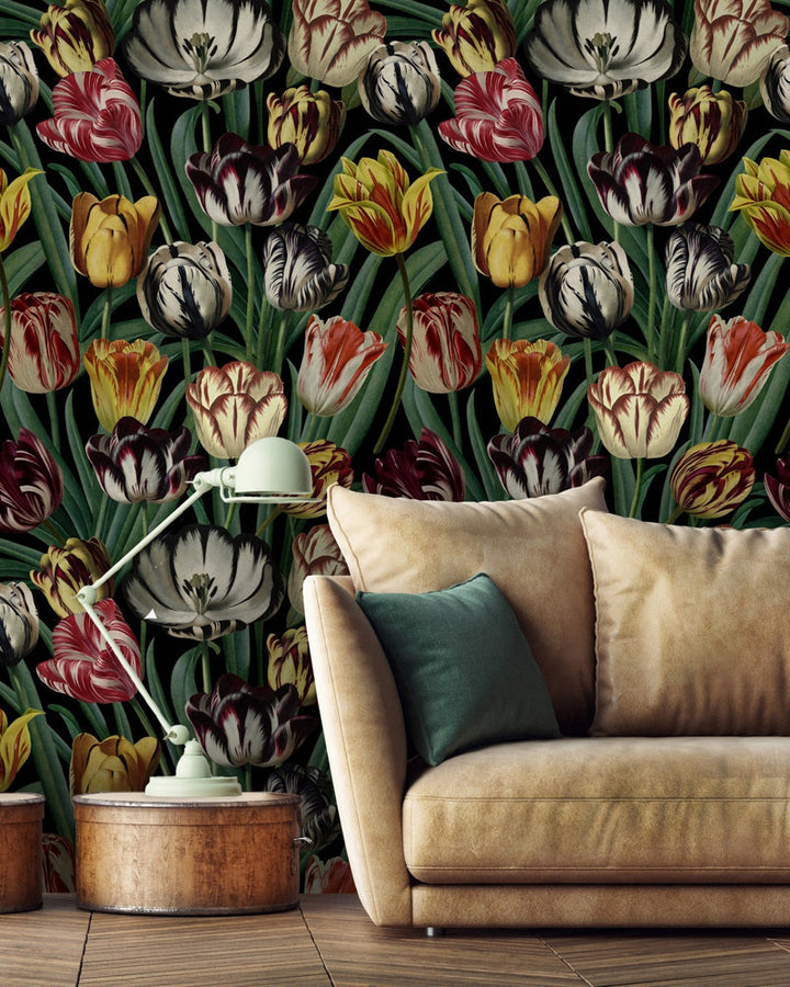 TULIPA (WP20178) by Mind The Gap | WP20178 | PREMIUM DESIGNER WALLPAPER COLLECTION | 3 rolls x 20.5 x 118.1 in | 0.52m / 20.5in | 3m / 118in | 4.65mp | 70cm / 27.6in | Black, Green, Red, White, Yellow | Non-woven | Paste the wall | 3-rolls in a box | Fabric Carolina | https://www.fabriccarolina.com/
