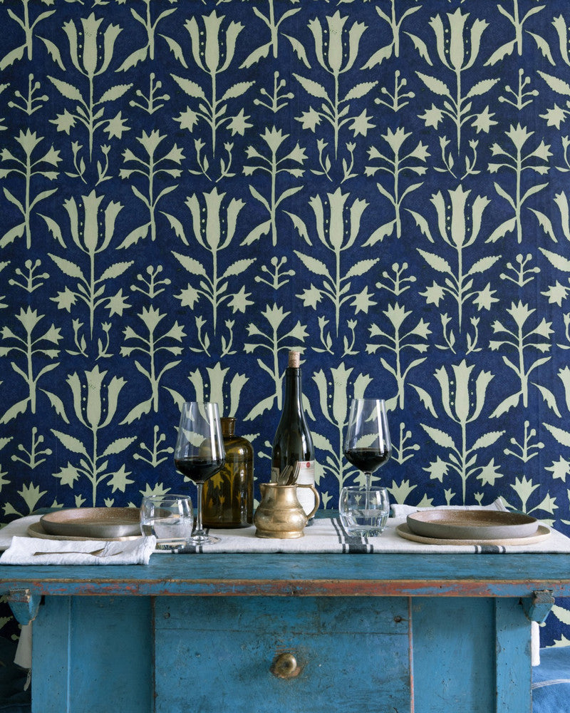 TULIPAN Indigo Wallpaper (WP30034) by Mind The Gap | WP30034 | TRANSYLVANIAN ROOTS | 1 roll x 20.5 x 393.7 in | 0.52m / 20.5in | 10m / 393.7in | 5.20mp | 75cm / 29.5in | Indigo | Satin Matte | Paste the wall | 1-roll in a box | Fabric Carolina | https://www.fabriccarolina.com/