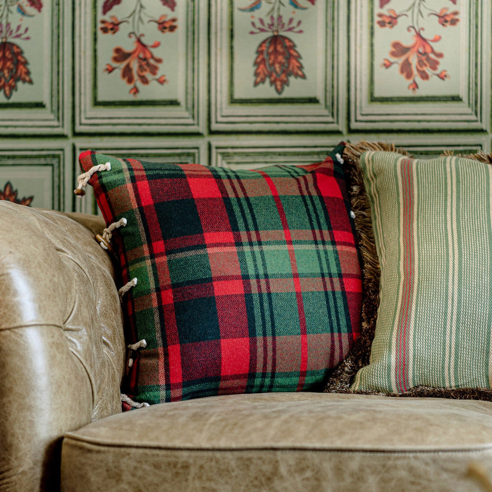 TYROLEAN PLAID Cushion (LC40189) by Mind The Gap | LC40189 | TYROL APRES-SKI HOME COLLECTION | 20 x 20 in | Black, Green, Red | Fabric Carolina | https://www.fabriccarolina.com/