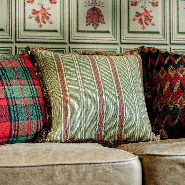Tyrolean Stripes Cushion by Mind the Gap Designer Pillow TYROL APRES-SKI HOME COLLECTION 100% Linen Made in Romania Fringes all around 20 x 20 in - Swanky Fabrics -