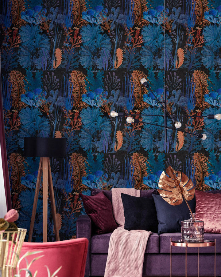 Coral Reef Ultramarine Wallpaper by Mind the Gap Designer Wallpaper THE WALLPAPER COLLECTABLES Textured Matte Made in Europe Paste the wall 3 rolls x 20.5 x 3.25 yards - Swanky Fabrics -