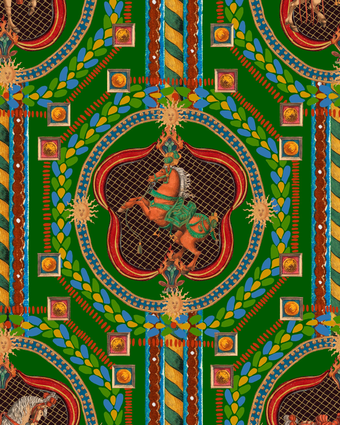 VENETIAN ORNAMENT Green Wallpaper (WP20768) by Mind The Gap | WP20768 | ORIENT EXPRESS | 1 roll x 52x900 cm / 20.47x354.33in | 0.52m / 20.5in | 9m / 354in | 4.68sqm / 50sq ft | 70cm / 27.5in | Green, Yellow, Red, Burgundy | Non-woven Textured | Paste the wall | 1-roll in a box | Fabric Carolina | https://www.fabriccarolina.com/