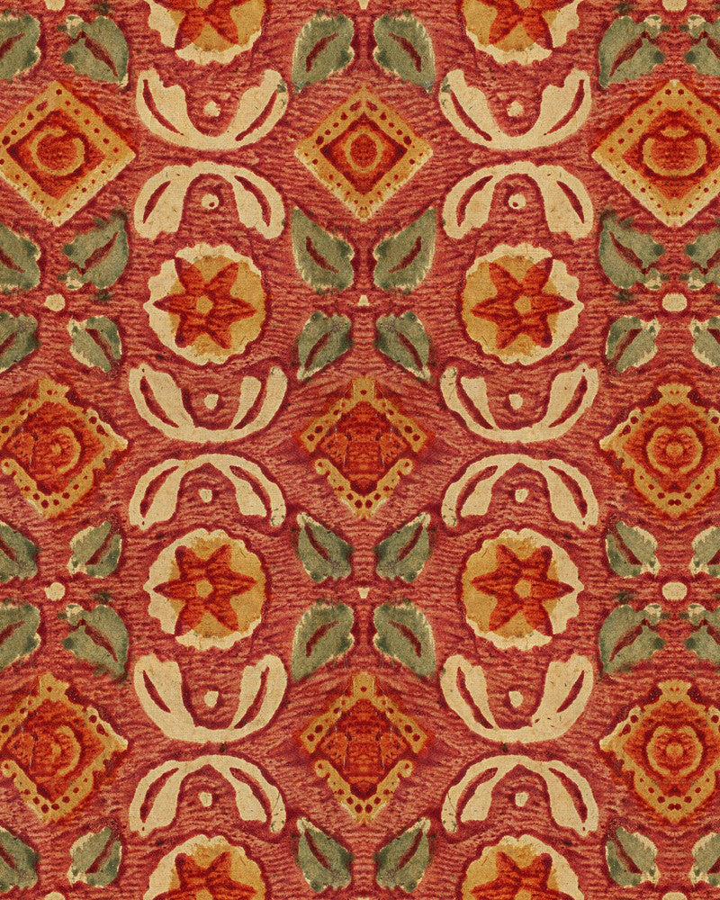 VARANASI Grenadine Wallpaper (WP30098) by Mind The Gap | WP30098 | WOODSTOCK '69 LIFESTYLE COLLECTION | 1 roll x 20.5 x 393.7 in | 0.52m / 20.5in | 10m / 393.7in | 5.20mp | 50cm / 19.6in | Green, Red, Taupe | Satin Matte | Paste the wall | 1-roll in a box | Fabric Carolina | https://www.fabriccarolina.com/