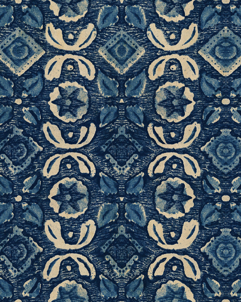 VARANASI Indigo Wallpaper (WP30099) by Mind The Gap | WP30099 | WOODSTOCK '69 LIFESTYLE COLLECTION | 1 roll x 20.5 x 393.7 in | 0.52m / 20.5in | 10m / 393.7in | 5.20mp | 50cm / 19.6in | Indigo, Taupe | Satin Matte | Paste the wall | 1-roll in a box | Fabric Carolina | https://www.fabriccarolina.com/