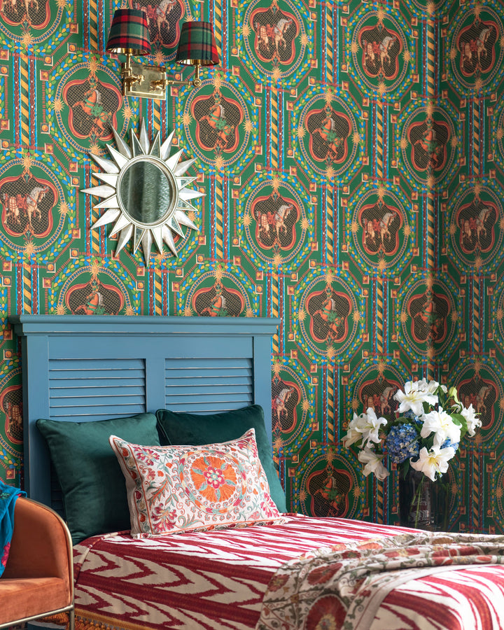 VENETIAN ORNAMENT Green Wallpaper (WP20768) by Mind The Gap | WP20768 | ORIENT EXPRESS | 1 roll x 52x900 cm / 20.47x354.33in | 0.52m / 20.5in | 9m / 354in | 4.68sqm / 50sq ft | 70cm / 27.5in | Green, Yellow, Red, Burgundy | Non-woven Textured | Paste the wall | 1-roll in a box | Fabric Carolina | https://www.fabriccarolina.com/