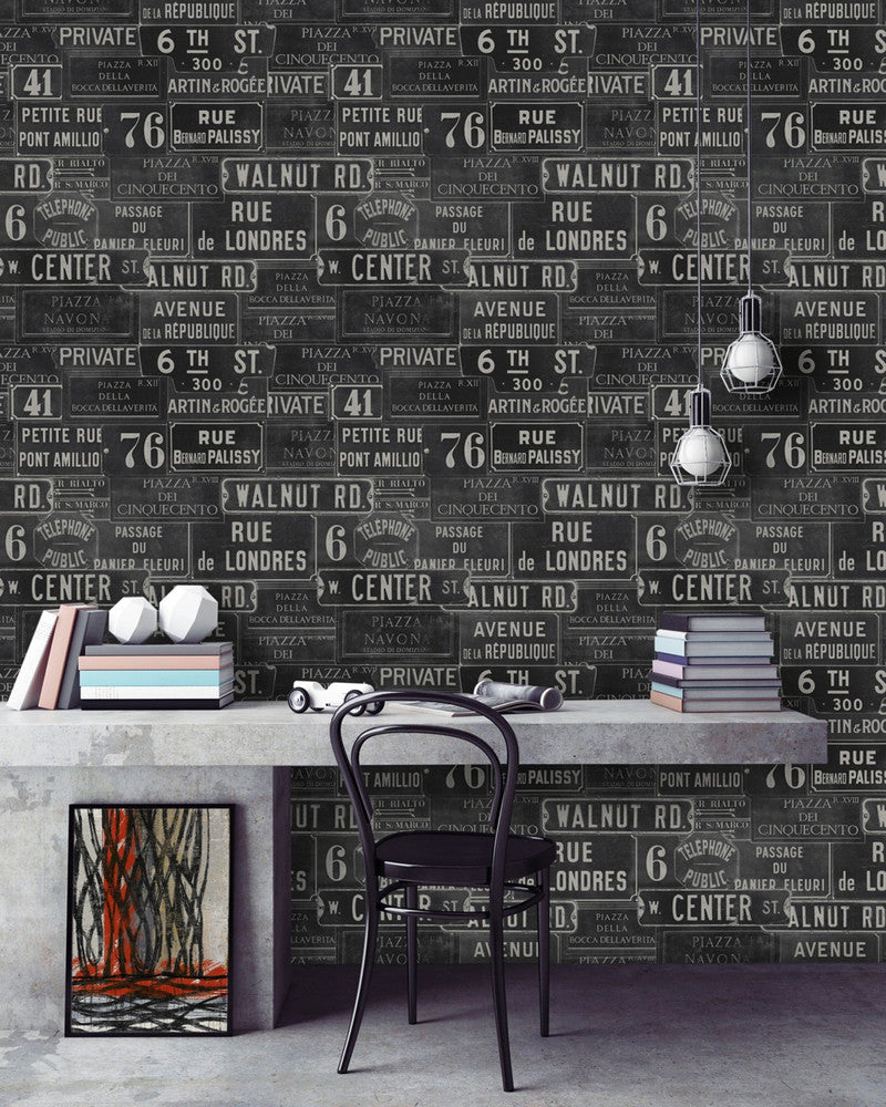 VINTAGE SIGNS Anthracite Premium Wallpaper (WP20037) by Mind The Gap | WP20037 | WALLPAPER DESIGNER COLLECTION | 3 rolls x 20.5 x 118.1 in | 0.52m / 20.5in | 3m / 118in | 4.65mp | 52cm / 20.5in | Anthracite, Black, White | Non-woven | Paste the wall | 3-rolls in a box | Fabric Carolina | https://www.fabriccarolina.com/