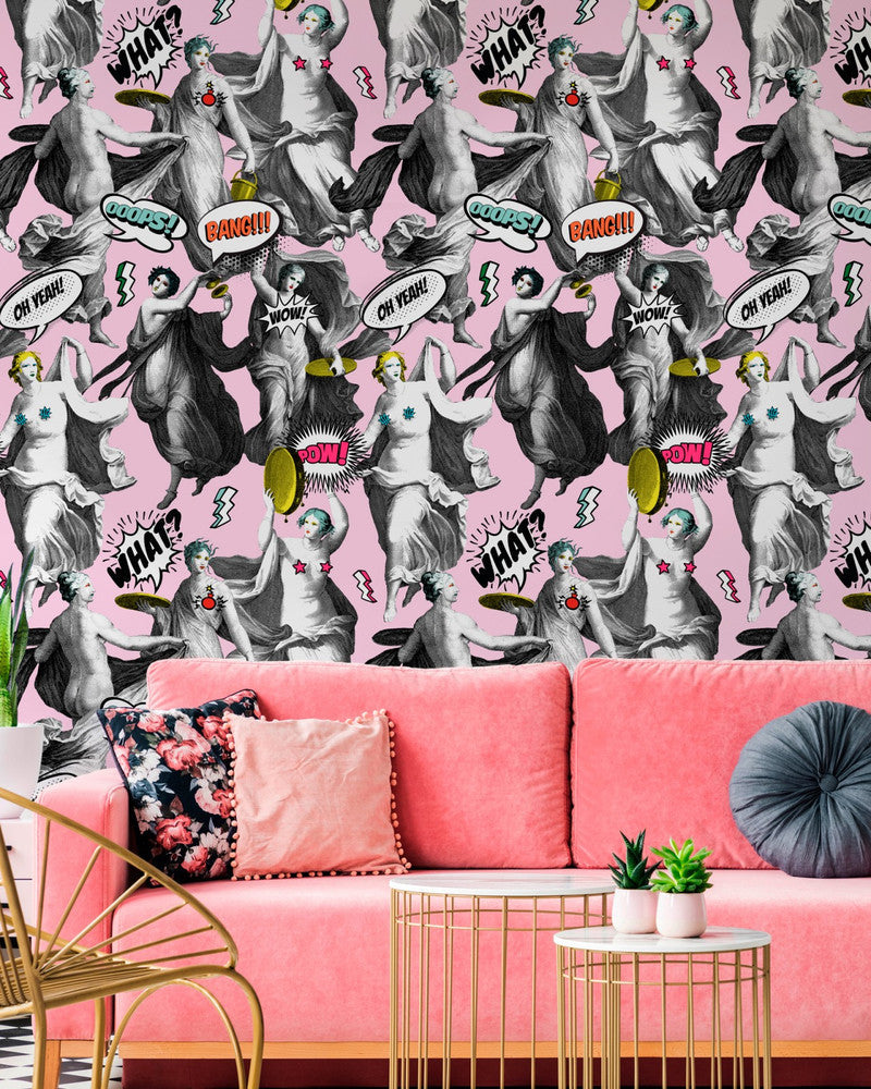 Watch Out! Pink Wallpaper by Mind the Gap Designer Wallpaper THE WALLPAPER COLLECTABLES Satin Matte Made in Europe Paste the wall 3 rolls x 20.5 x 3.25 yards - Swanky Fabrics -