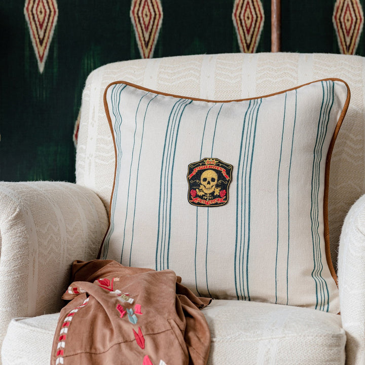 WICHITA STRIPES Cushion (LC40160) by Mind The Gap | LC40160 | WOODSTOCK '69 LIFESTYLE COLLECTION | 20 x 20 in | Blue, Taupe | Fabric Carolina | https://www.fabriccarolina.com/