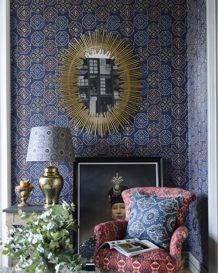 Ajrak Blue by Mind the Gap Designer Wallpaper THE WALLPAPER COMPENDIUM 1 Textured Matte Made in Europe Paste the wall 3 rolls x 20.5 x 3.25 yards - Swanky Fabrics -