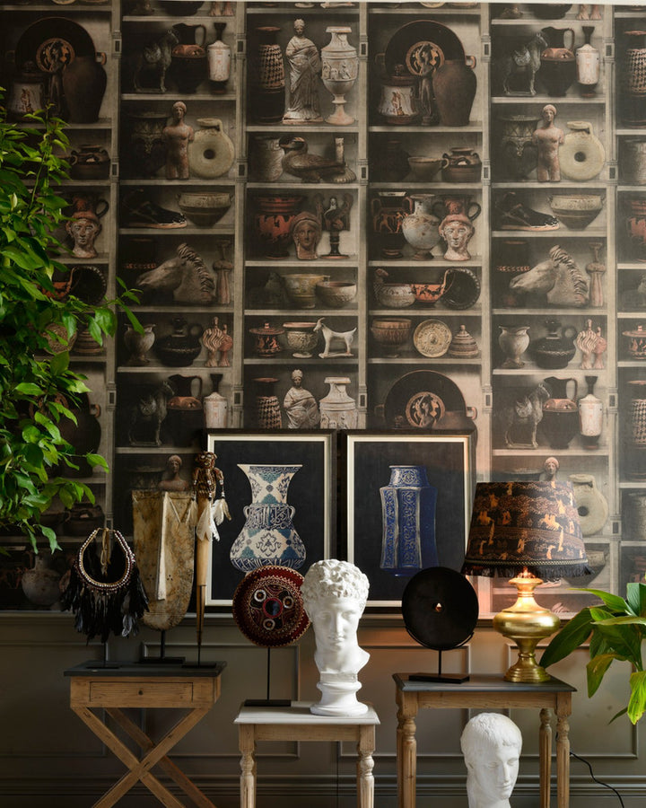GREEK POTTERY Wallpaper (WP20417) by Mind The Gap | WP20417 | THE WALLPAPER COMPENDIUM 1 | 3 rolls x 20.5 x 118.1 in | 0.52m / 20.5in | 3m / 118in | 4.65mp | 150cm / 59in | Black, Brown, Grey, Gold | Textured Matte | Paste the wall | 3-rolls in a box | Fabric Carolina | https://www.fabriccarolina.com/