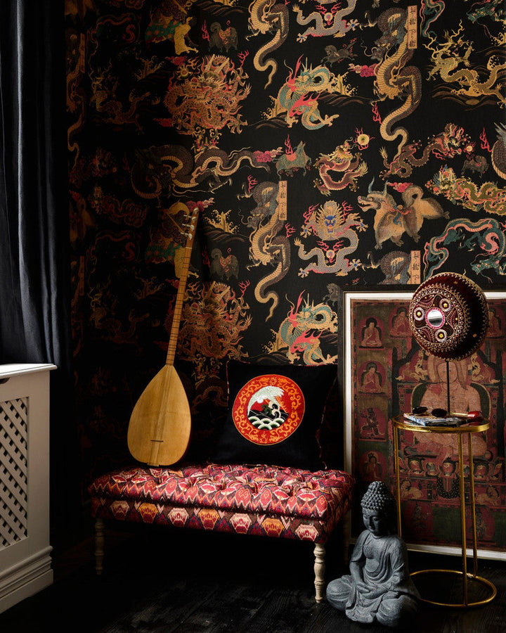 Dragons Of Tibet Wallpaper by Mind the Gap Designer Wallpaper THE WALLPAPER COMPENDIUM 1 Non-woven Made in Europe Paste the wall 3 rolls x 20.5 x 3.25 yards - Swanky Fabrics -