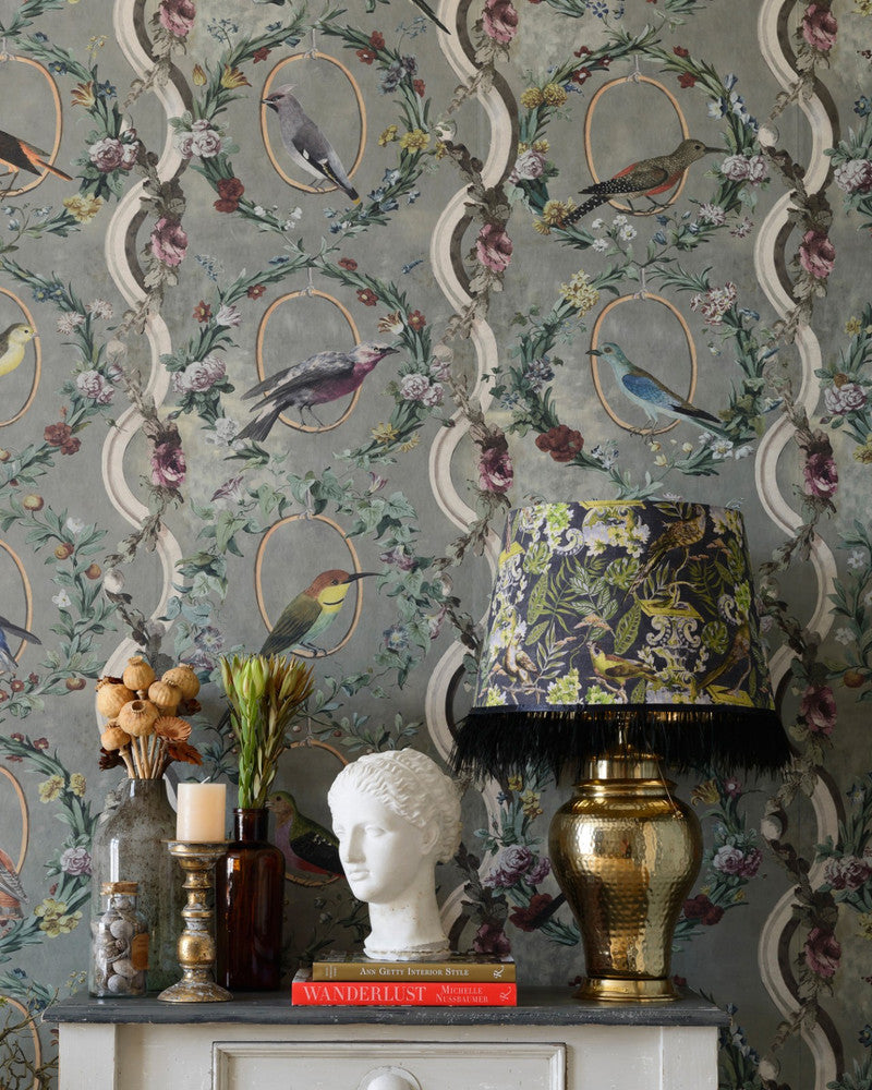 Countesse'S Aviarium Neutral Wallpaper by Mind the Gap Designer Wallpaper THE WALLPAPER COMPENDIUM 1 Textured Matte Made in Europe Paste the wall 3 rolls x 20.5 x 3.25 yards - Swanky Fabrics -