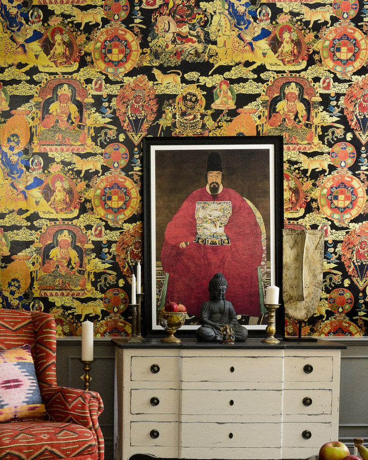 TIBETAN TAPESTRY Metallic Edition Wallpaper (WP20450) by Mind The Gap | WP20450 | THE WALLPAPER COMPENDIUM 1 | 3 rolls x 19.17 x 118.1 in | 0.487m / 19.17in | 3m / 118in | 4.35mp | 93.6cm / 36.8in | Black, Red, Gold | Gold Foil | Paste the wall | 3-rolls in a box | Fabric Carolina | https://www.fabriccarolina.com/