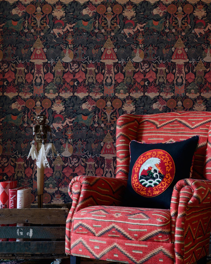 YAMA DHARMARAJA Wallpaper (WP20451) by Mind The Gap | WP20451 | THE WALLPAPER COMPENDIUM 1 | 3 rolls x 20.5 x 118.1 in | 0.52m / 20.5in | 3m / 118in | 4.65mp | 70cm / 27.6in | Brown, Green, Red | Textured Matte | Paste the wall | 3-rolls in a box | Fabric Carolina | https://www.fabriccarolina.com/