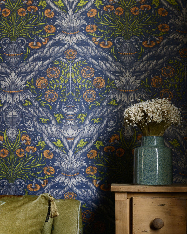 Floral Ornament Wallpaper by Mind the Gap Designer Wallpaper THE WALLPAPER COMPENDIUM 1 Textured Matte Made in Europe Paste the wall 3 rolls x 20.5 x 3.25 yards - Swanky Fabrics -
