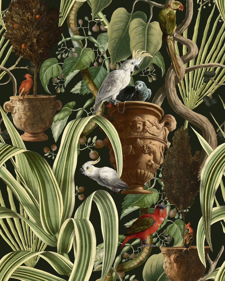 EXOTIC MENAGERIE Dark Wallpaper (WP20463) by Mind The Gap | WP20463 | THE WALLPAPER COMPENDIUM 1 | 3 rolls x 20.5 x 118.1 in | 0.52m / 20.5in | 3m / 118in | 4.65mp | 70cm / 27.6in | Black, Brown, Green, Red | Textured Matte | Paste the wall | 3-rolls in a box | Fabric Carolina | https://www.fabriccarolina.com/