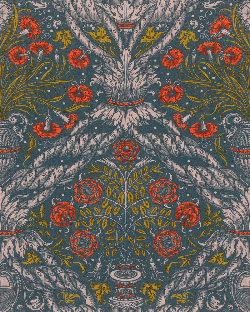 FLORAL ORNAMENT Scarlet Wallpaper (WP20471) by Mind The Gap | WP20471 | THE WALLPAPER COMPENDIUM 1 | 3 rolls x 20.5 x 118.1 in | 0.52m / 20.5in | 3m / 118in | 4.65mp | 65cm / 25.6in | Blue, Red, Taupe | Non-woven | Paste the wall | 3-rolls in a box | Fabric Carolina | https://www.fabriccarolina.com/