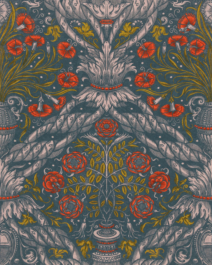 FLORAL ORNAMENT Scarlet Wallpaper (WP20471) by Mind The Gap | WP20471 | THE WALLPAPER COMPENDIUM 1 | 3 rolls x 20.5 x 118.1 in | 0.52m / 20.5in | 3m / 118in | 4.65mp | 65cm / 25.6in | Blue, Red, Taupe | Non-woven | Paste the wall | 3-rolls in a box | Fabric Carolina | https://www.fabriccarolina.com/