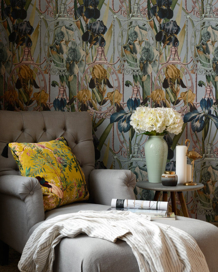 Fleurs D'Iris Aquamarine Wallpaper by Mind the Gap Designer Wallpaper THE WALLPAPER COMPENDIUM 1 Non-woven Made in Europe Paste the wall 3 rolls x 20.5 x 3.25 yards - Swanky Fabrics -