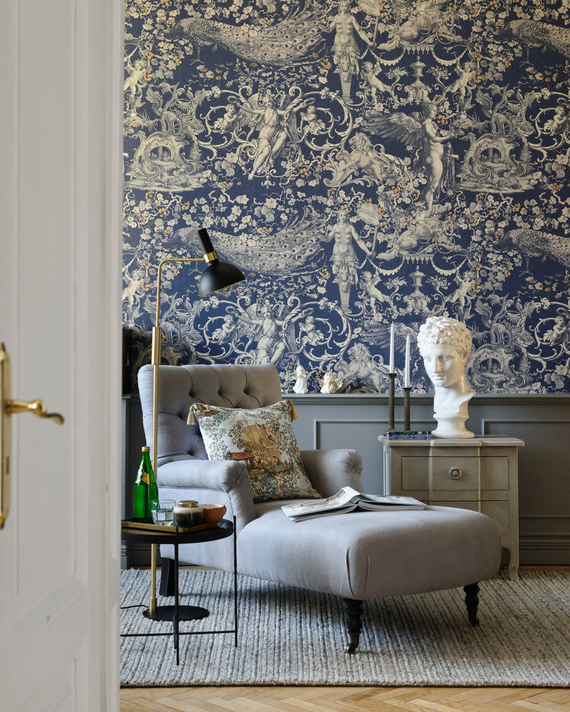 The Promise Land Sapphire Wallpaper by Mind the Gap Designer Wallpaper THE WALLPAPER COMPENDIUM 1 Non-woven Made in Europe Paste the wall 3 rolls x 20.5 x 3.25 yards - Swanky Fabrics -