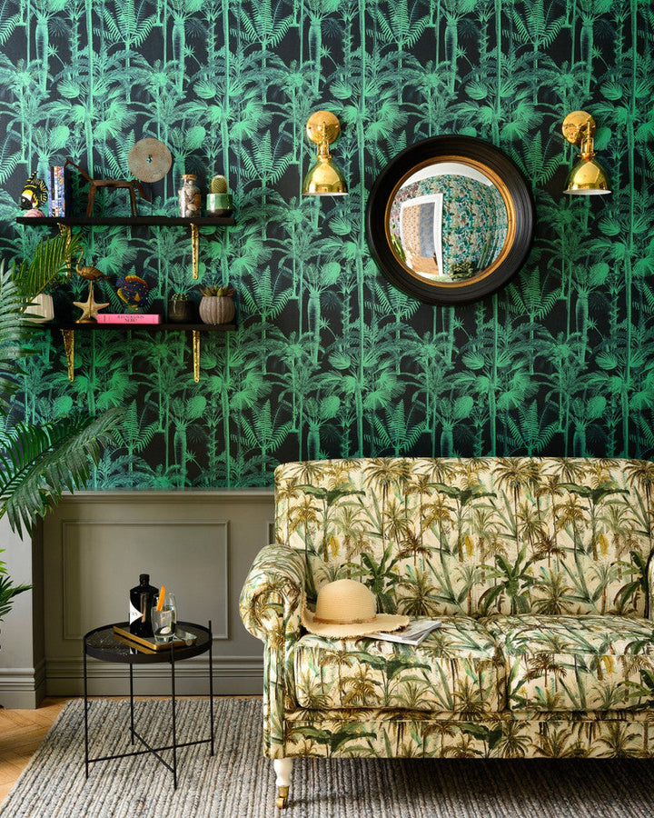 Palmera Cubana Dark Wallpaper by Mind the Gap Designer Wallpaper THE WALLPAPER COMPENDIUM 1 Textured Matte Made in Europe Paste the wall 3 rolls x 20.5 x 3.25 yards - Swanky Fabrics -