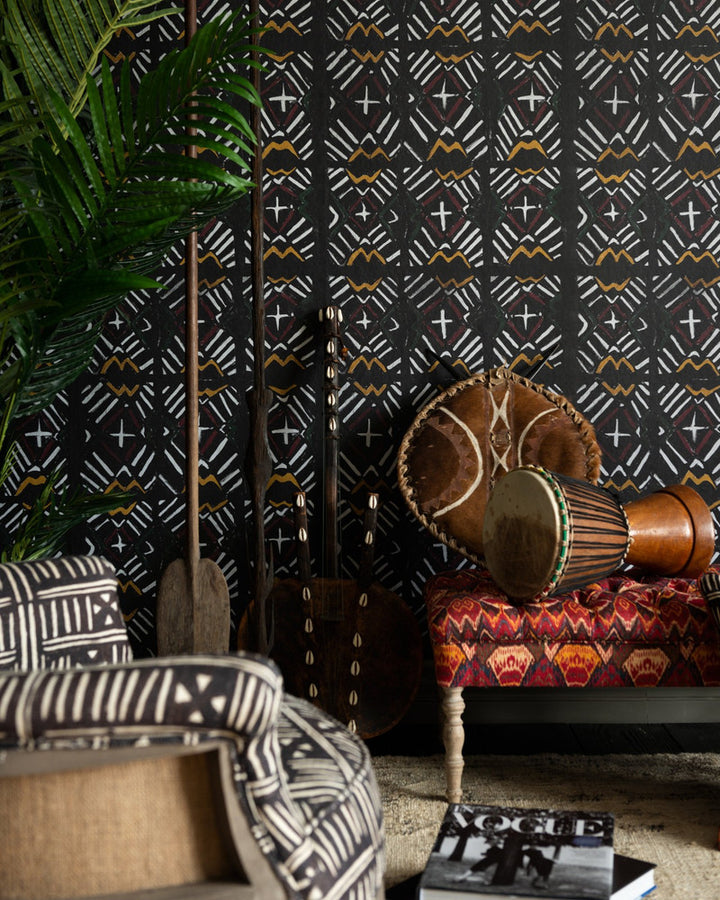 BAMANA Recoloured Wallpaper (WP20498) by Mind The Gap | WP20498 | THE WALLPAPER COMPENDIUM 1 | 3 rolls x 20.5 x 118.1 in | 0.52m / 20.5in | 3m / 118in | 4.65mp | 70cm / 27.6in | Black, Red, White, Yellow | Non-woven | Paste the wall | 3-rolls in a box | Fabric Carolina | https://www.fabriccarolina.com/