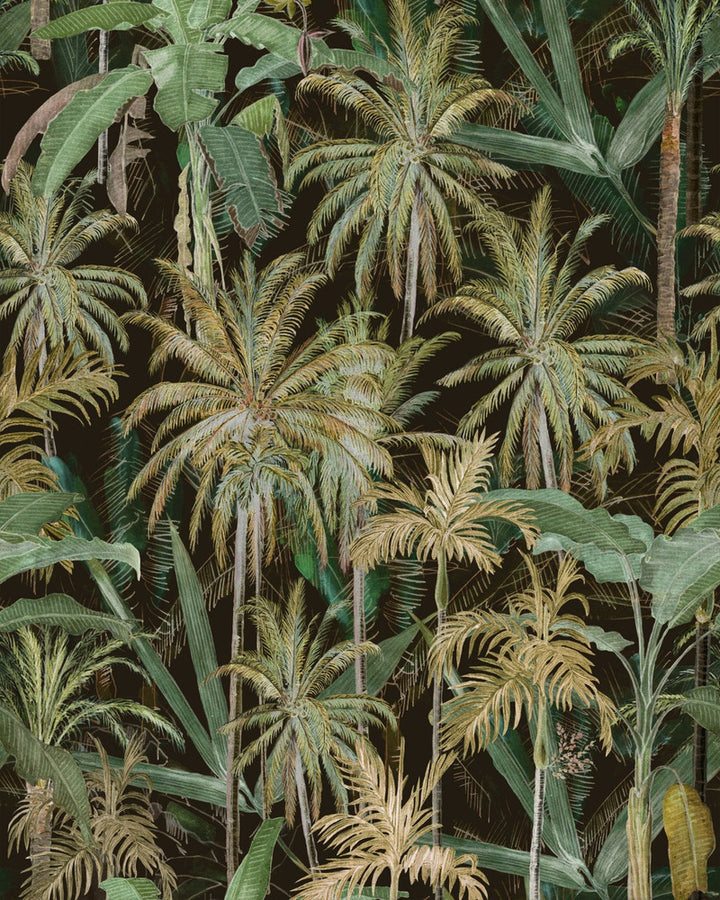 THE JUNGLE Anthracite Wallpaper (WP20523) by Mind The Gap | WP20523 | THE WALLPAPER COMPENDIUM 1 | 3 rolls x 20.5 x 118.1 in | 0.52m / 20.5in | 3m / 118in | 4.65mp | 70cm / 27.6in | Black, Brown, Green | Textured Matte | Paste the wall | 3-rolls in a box | Fabric Carolina | https://www.fabriccarolina.com/