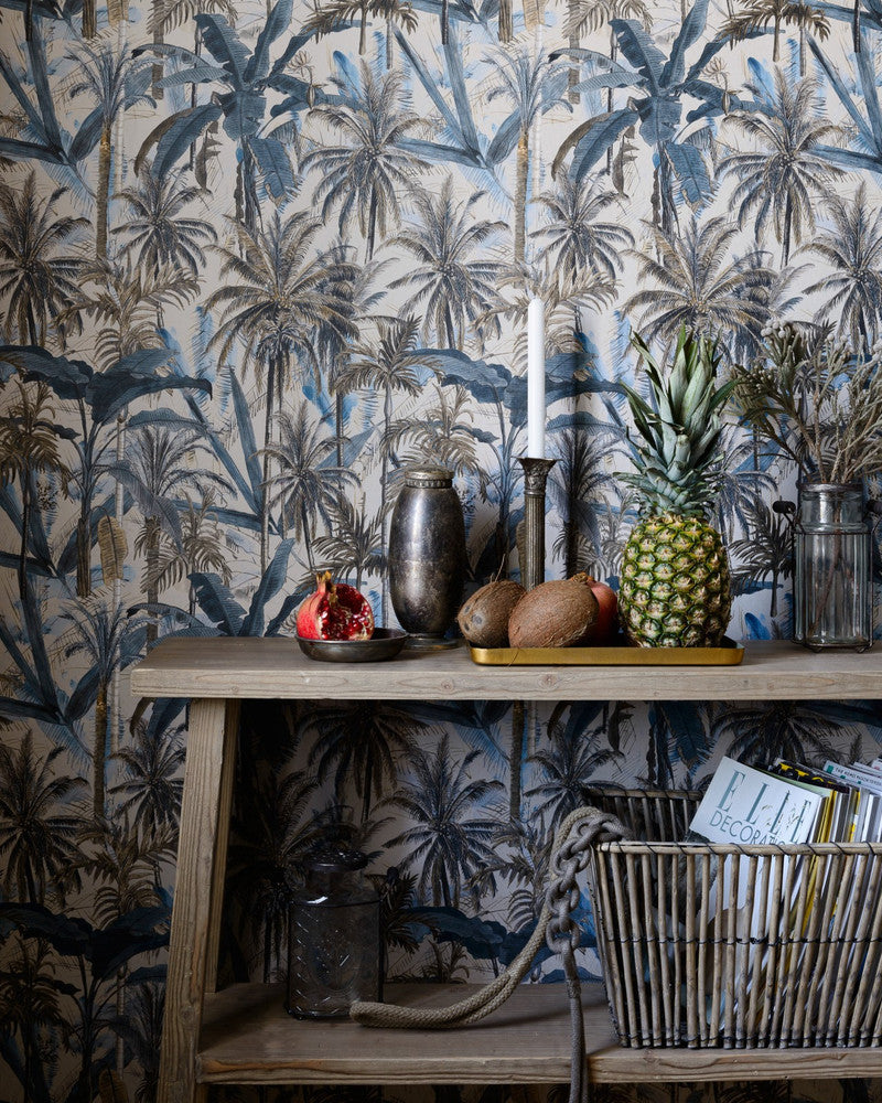 The Jungle Smoke Blue Wallpaper by Mind the Gap Designer Wallpaper THE WALLPAPER COMPENDIUM 1 Textured Matte Made in Europe Paste the wall 3 rolls x 20.5 x 3.25 yards - Swanky Fabrics -