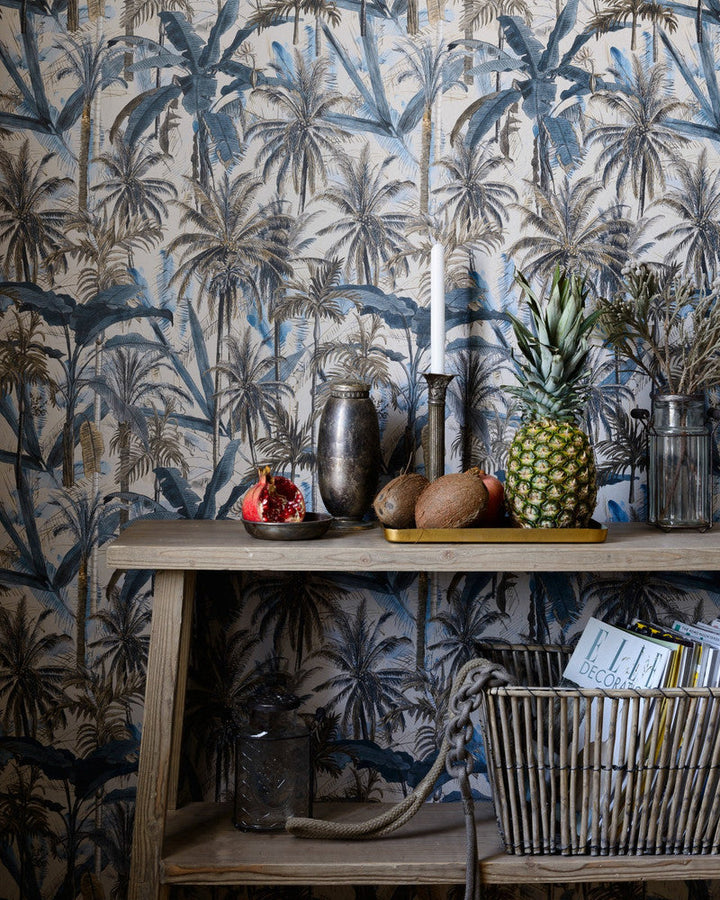 The Jungle Smoke Blue Wallpaper by Mind the Gap Designer Wallpaper THE WALLPAPER COMPENDIUM 1 Textured Matte Made in Europe Paste the wall 3 rolls x 20.5 x 3.25 yards - Swanky Fabrics -