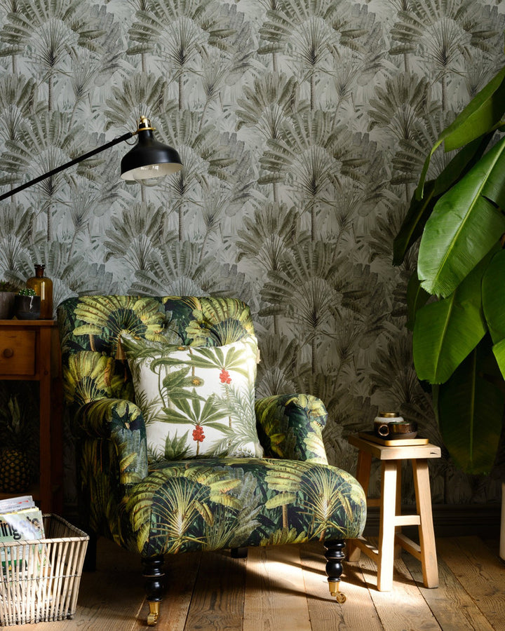 TRAVELLER'S PALM Neutral Wallpaper (WP20525) by Mind The Gap | WP20525 | THE WALLPAPER COMPENDIUM 1 | 3 rolls x 20.5 x 118.1 in | 0.52m / 20.5in | 3m / 118in | 4.65mp | 52cm / 20.5in | Green, Grey | Textured Matte | Paste the wall | 3-rolls in a box | Fabric Carolina | https://www.fabriccarolina.com/