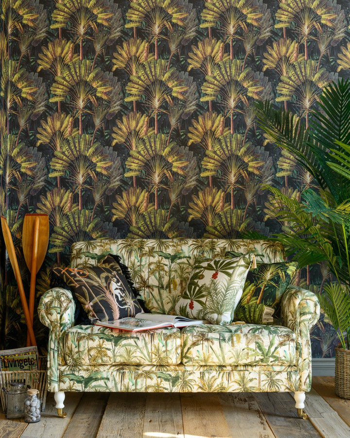 Traveller'S Palm Sunset Wallpaper by Mind the Gap Designer Wallpaper THE WALLPAPER COMPENDIUM 1 Textured Matte Made in Europe Paste the wall 3 rolls x 20.5 x 3.25 yards - Swanky Fabrics -