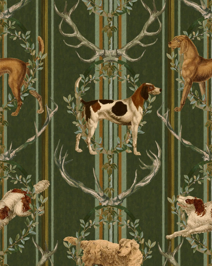 MOUNTAIN DOGS Cypress Green Wallpaper (WP20675) by Mind The Gap | WP20675 | TYROL APRES-SKI | 3 rolls x 52x300 cm / 20.5x118.1 in | 0.52m / 20.5in | 3m / 118in | 4.65sqm / 50sq ft | 105cm / 41.3in | Taupe, Green, Yellow, Brown | Non-woven Textured | Paste the wall | 3-rolls in a box | Fabric Carolina | https://www.fabriccarolina.com/