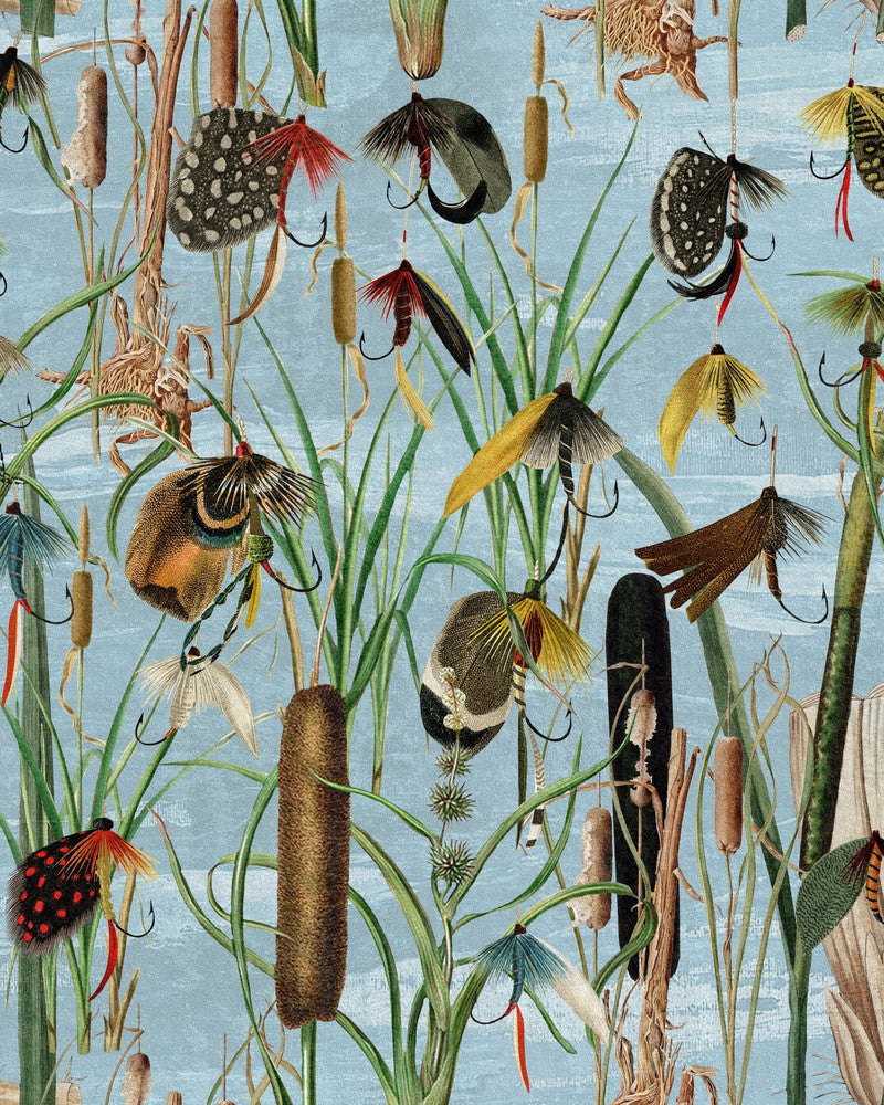 FISHING FLIES Aquamarine Wallpaper (WP20721) by Mind The Gap | WP20721 | THE WETLANDS | 1 roll x 20.47 x 354.33 in | 0.52m / 20.5in | 9m / 354in | 4.68mp | 52cm / 20.5in | Black, Blue, Brown, Cream, Green, Ochre, Red | Non-woven | Paste the wall | 1-roll in a box | Fabric Carolina | https://www.fabriccarolina.com/