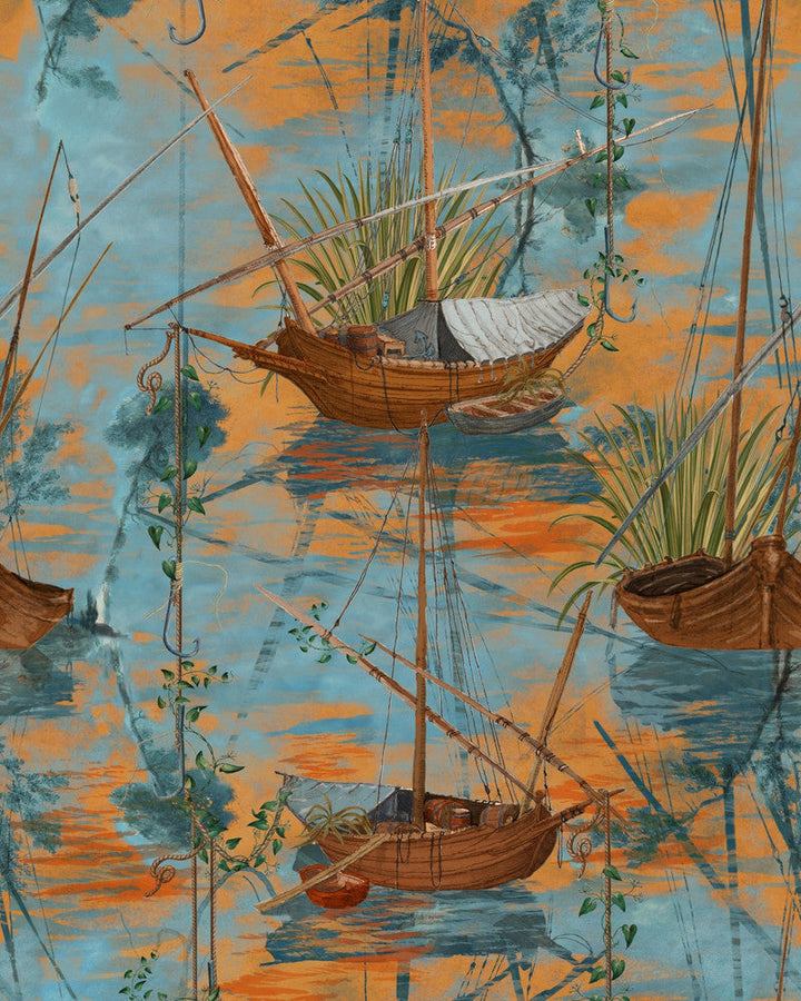 Moored Boats Aquarius Wallpaper by Mind the Gap Designer Wallpaper THE WETLANDS Non-woven Made in Europe Paste the wall 1 roll x 20.47 x 9.8 yards - Swanky Fabrics -