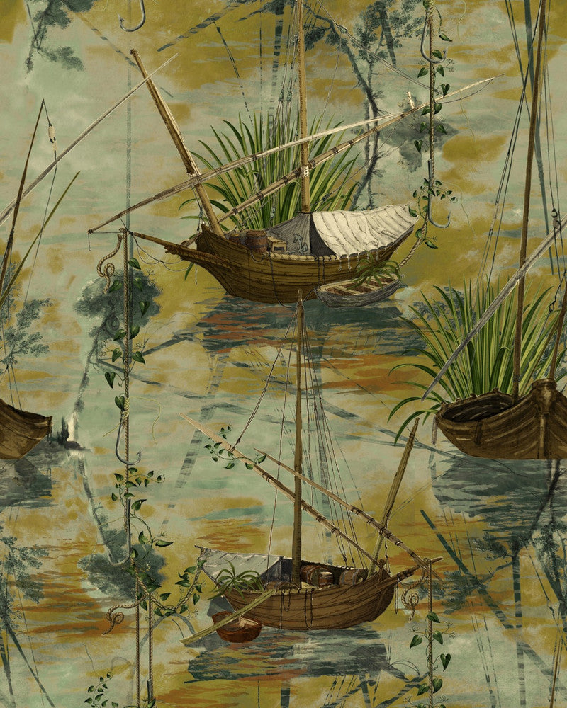 Moored Boats Green Bay Wallpaper by Mind the Gap Designer Wallpaper THE WETLANDS Non-woven Made in Europe Paste the wall 1 roll x 20.47 x 9.8 yards - Swanky Fabrics -