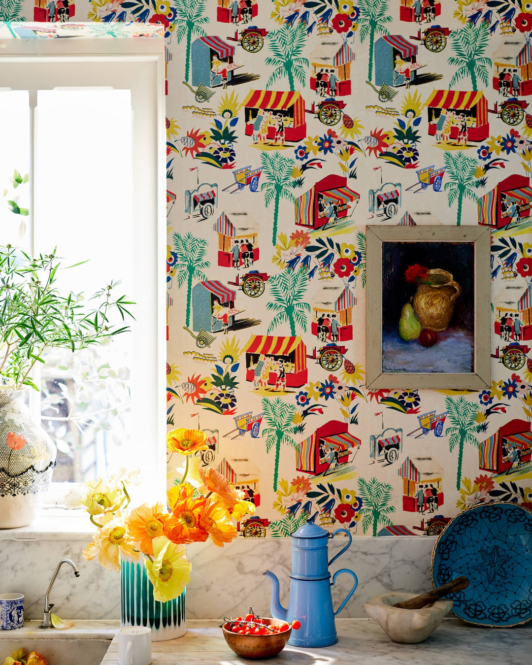 CARRETTO DEL CIBO Azzurro Wallpaper (WP20834) by Mind The Gap | WP20834 | LA DOLCE VITA | 1 roll x 52x900 cm / 20.47x354.33in | 0.52m / 20.5in | 9m / 354in | 4.68sqm / 50sq ft | 70cm / 27.5in | Blue, Green, Yellow, Orange, Red, Turquoise, Cream | Non-woven Textured | Paste the wall | 1-roll in a box | Fabric Carolina | https://www.fabriccarolina.com/