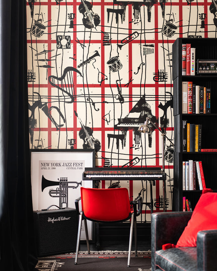MY FAVOURITE THINGS Wallpaper (WP20874) by Mind The Gap | WP20874 | JAZZ LIVE | 3 rolls x 52 x 300 cm / 20.5 x 118.1in | 0.52m / 20.5in | 300 cm / 393.7in | 4.68sqm / 50sq ft | 150cm / 59in | Black, Beige, Red | Non-woven Satin | Paste the wall | 3 rolls in a box | Fabric Carolina | https://www.fabriccarolina.com/