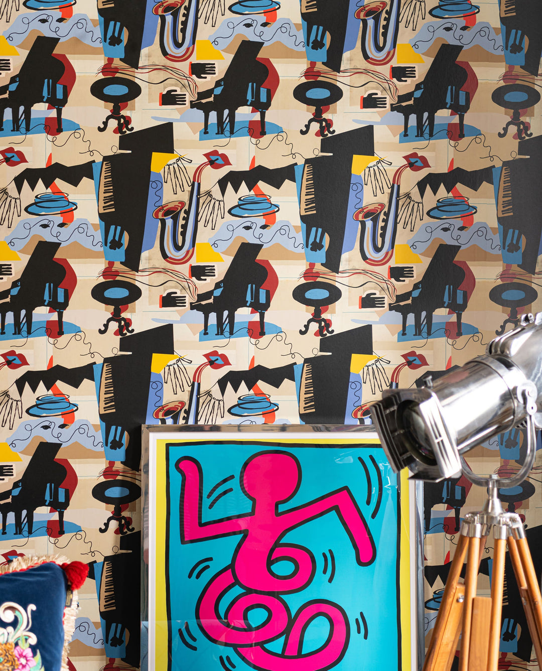 SO WHAT Wallpaper (WP20879) by Mind The Gap | WP20879 | JAZZ LIVE | 1 roll x 52 x 900 cm / 20.47 x 354.33in | 0.52m / 20.5in | 900 cm / 393.7in | 4.68sqm / 50sq ft | 52cm / 20.5in | Taupe, Black, Blue, Yellow, Orange, Red | Non-woven Satin | Paste the wall | 1 roll in a box | Fabric Carolina | https://www.fabriccarolina.com/